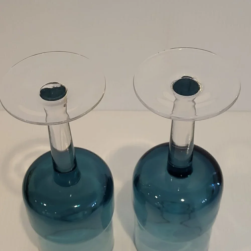 Pier 1 Goblet Blue Water 12 Oz Double Dip Mouth Blown MCM Style Wine Glass Pair